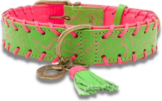 DWAM Dog with a Mission Halsband Hond – Hondenhalsband – Groen – Roze – Leer – L – Halsomvang tussen 38-47 cm – Georgia