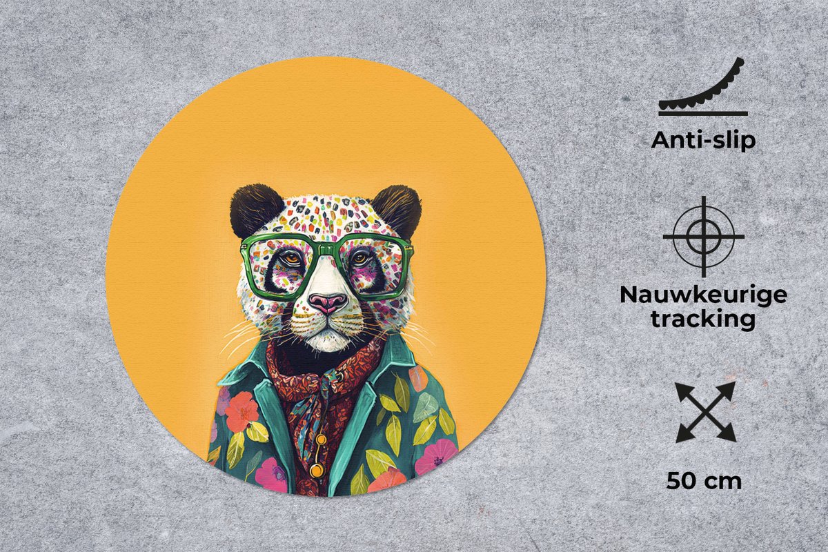 Muismat rond 50x50 cm - Mousepad Panda - Bril - Bloemen - Hippie - Ronde muismatten