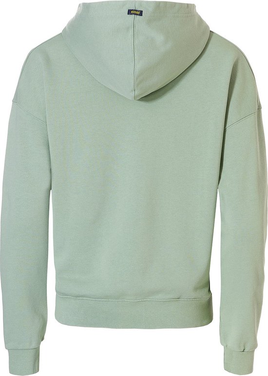 Achterkant van een effen mintgroene hoodie met een klein NOMAD label aan de capuchon.