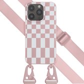 Selencia Hoesje Met Koord Geschikt voor iPhone 14 Pro - Selencia Siliconen design hoesje met afneembaar koord - Roze / Irregular Check Sand Pink