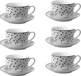 HAES DECO - Tasse et Soucoupe set de 6 - contenance 238 ml - coloris Wit / Zwart - Porcelaine Imprimée avec Boules - Service à thé, Service à café, Tasses à thé, Tasses à café, Cappuccino