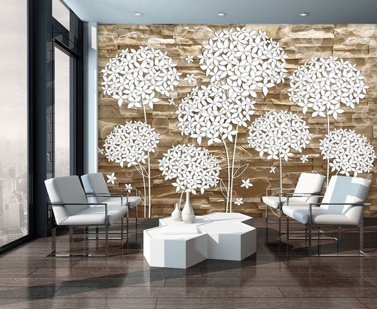 Papier peint photo - Papier peint intissé - Art de fleurs Witte - Fleurs sur mur de pierre décoratif - 208 x 146 cm