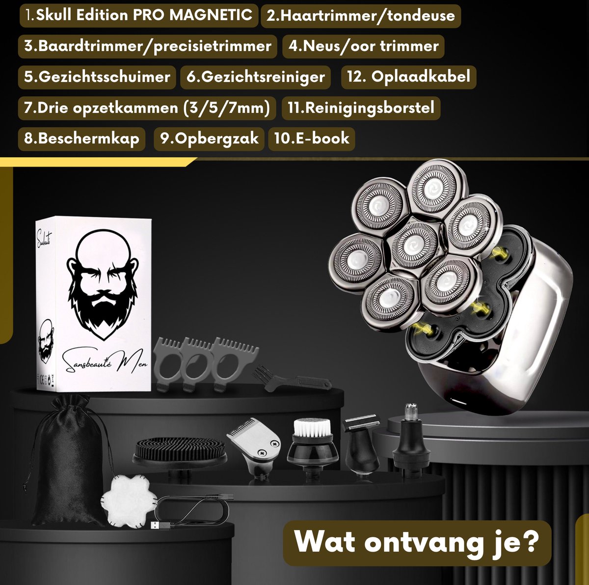 6-in-1 Scheerapparaat Mannen – Trimmer - Tondeuse - Sansbeauté® SkullSharp PRO MAGNETIC - Electric Face & Head Shaver - Shave - Hoofd Kaal Scheren – Nat & Droog - USB Opladen - Elektrisch thumbnail 6