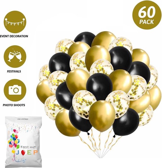FeestmetJoep Ballonnen - 60 stuks Goud met Zwart Helium Ballonnen met Lint – Verjaardag Versiering - Decoratie voor jubileum - Verjaardagversiering - Feestartikelen - Vrijgezellenfeest - Trouwfeest - Geslaagd feest - Geschikt voor Helium en Lucht