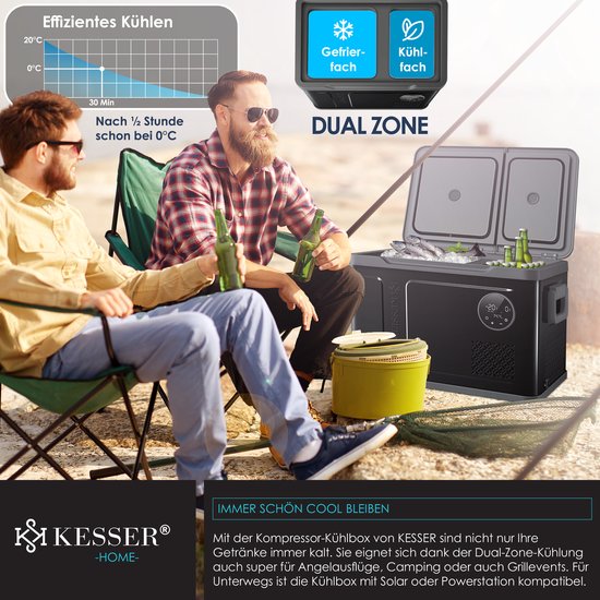KESSER® Compressor Koelbox 2in1 Dubbele Zone Koeler & Vriezer, Elektrische Vriesbox LED Touch Control 12/24 V 230V, Frigobox Koelen tot -20 °C voor Auto, Vrachtwagen, Kamperen - 40 Liter, Zwart / Antraciet van KESSER — afbeelding 4