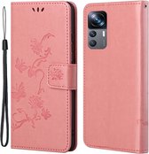 Coverup Bloemen & Vlinders Book Case - Geschikt voor Xiaomi 12T / 12T Pro Hoesje - Roze