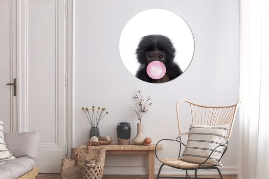 Décoration murale - Cercle mural - Singe - Chimpanzé - Chewing- Animaux - Animaux - Rose - Filles - Garçons - Décoration chambre enfant - 90x90 cm - Plastique