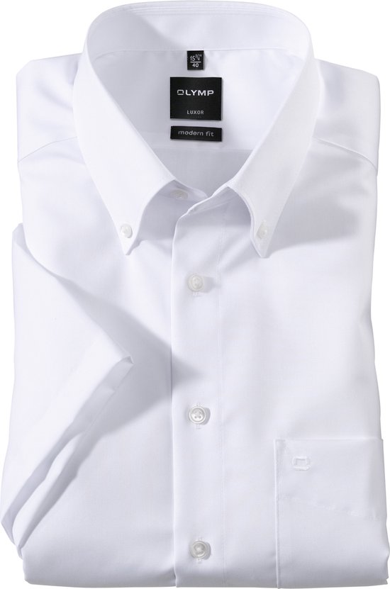 OLYMP Luxor modern fit overhemd - korte mouw - wit met button-down kraag - Strijkvrij - Boordmaat: 40