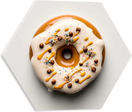 PVC Schuimplaat Hexagon - Geglazuurde Donut tegen Lichtgekleurde Achtergrond - 40x34.8 cm Foto op Hexagon (Met Ophangsysteem)