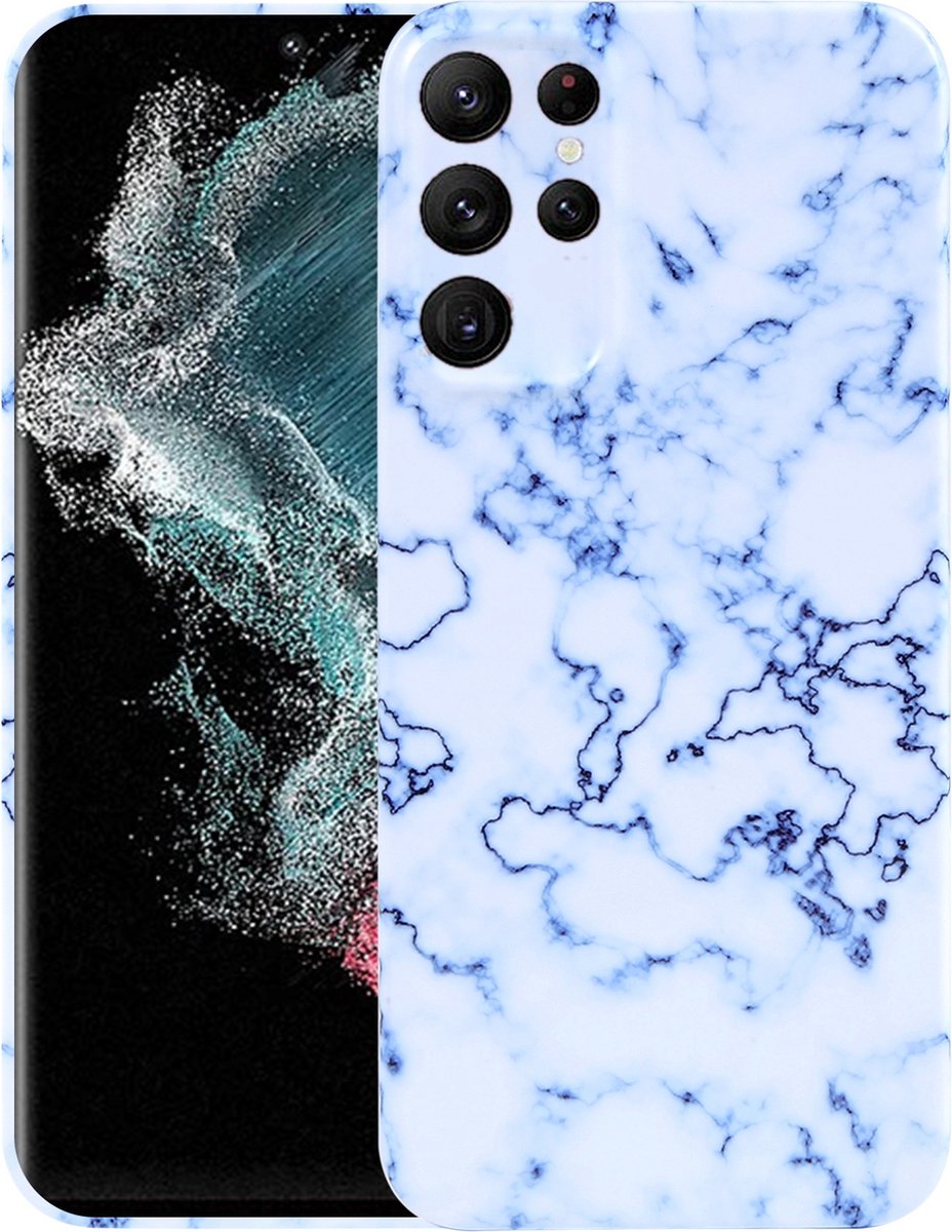 MarbleShield - De ultieme marmeren TPU beschermhoes voor uw Galaxy S22 Ultra 5G Wit / Blauw