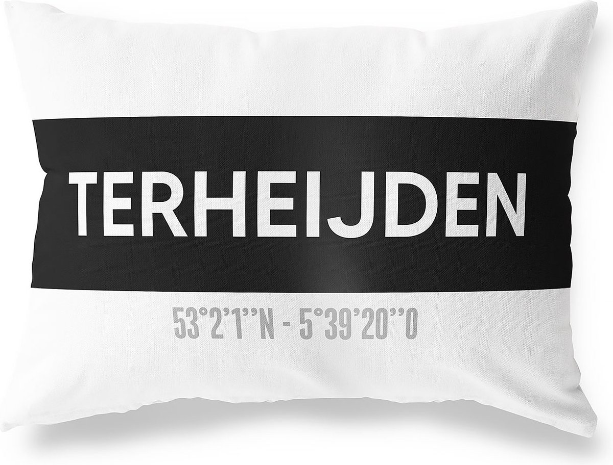 Tuinkussen TERHEIJDEN - NOORD-BRABANT met coördinaten - Buitenkussen - Bootkussen - Weerbestendig - Jouw Plaats - Studio216 - Modern - Zwart-Wit - 50x30cm
