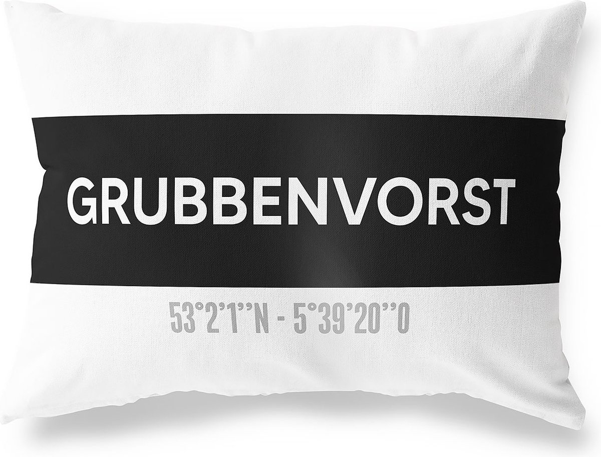 Tuinkussen GRUBBENVORST - LIMBURG met coördinaten - Buitenkussen - Bootkussen - Weerbestendig - Jouw Plaats - Studio216 - Modern - Zwart-Wit - 50x30cm