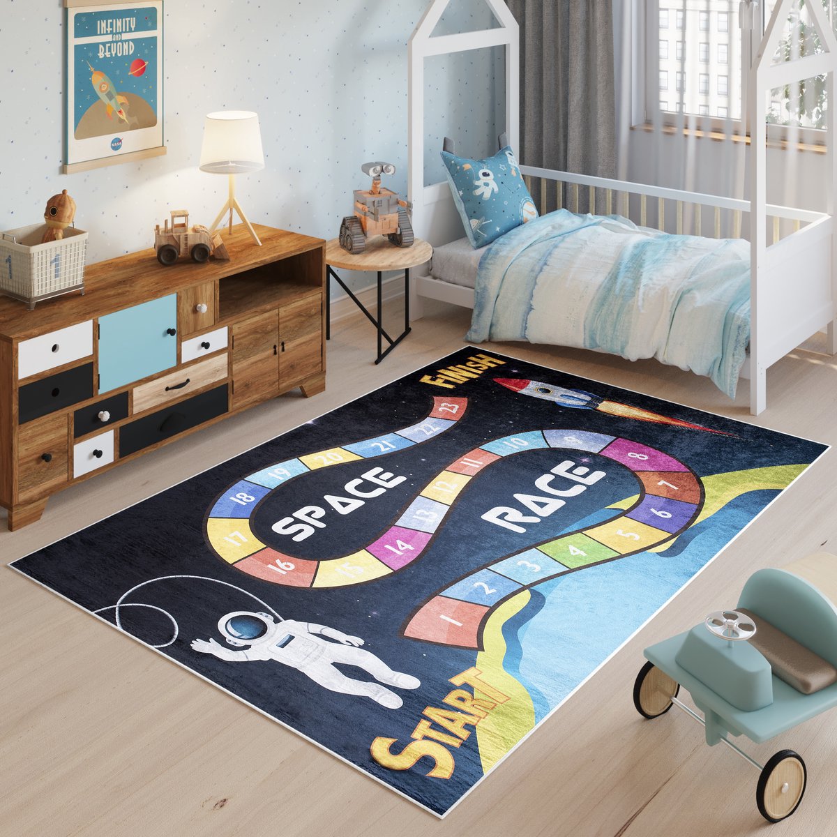 Tapiso Emma Vloerkleed Kinderkamer Babykamer Kleed Heelal Speelmat- 80x150 Blauw 6