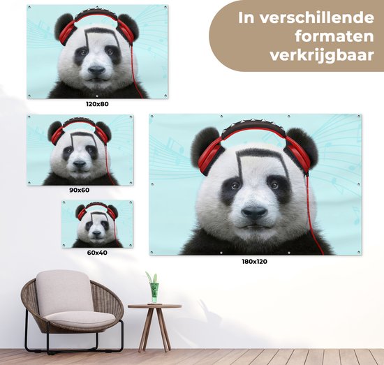 Affiche jardin - Toile jardin - Posters de jardin extérieur - Panda - Casque - Animal - Notes de musique - Rouge - 120x80 cm - Jardin