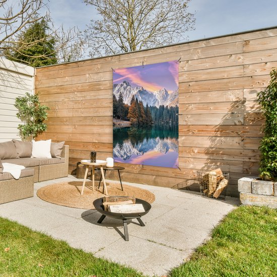 Affiche jardin - Toile jardin - Posters de jardin extérieur - Montagnes - Forêt - Water - Ciel - Rose - Violet - 90x120 cm - Jardin