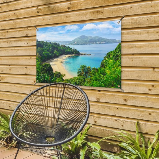 Tuinposter 90x60 cm - Tuindecoratie Strand - Zee - Eiland - Boom - Poster voor in de tuin - Buiten decoratie - Schutting tuinschilderij - Tuindoek muurdecoratie - Wanddecoratie balkondoek