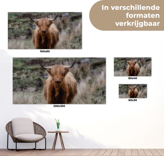 Décoration murale d'extérieur Scottish Highlander - Mousse - Herbe - 160x80 cm - Toile de jardin - Poster extérieur