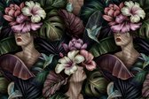Fotobehang Abstracte Vrouwelijke Gezichten Tussen Bloemen - Vliesbehang - 360 x 240 cm
