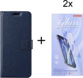 Bookcase Donkerblauw Geschikt voor Xiaomi 12T / 12T Pro - portemonee hoesje met 2 stuk Glas Screen protector - ZT Accessoires