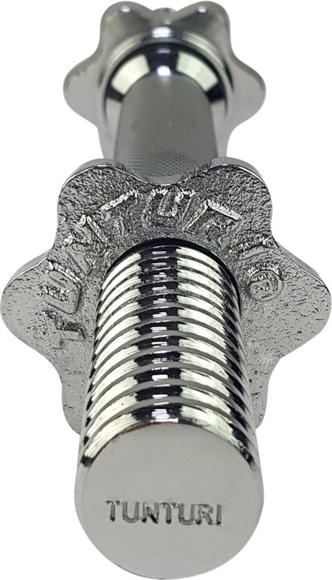 Chroomkleurige halterstang met getextureerde grip en schroefdraad. Tunturi logo op de eindkap.