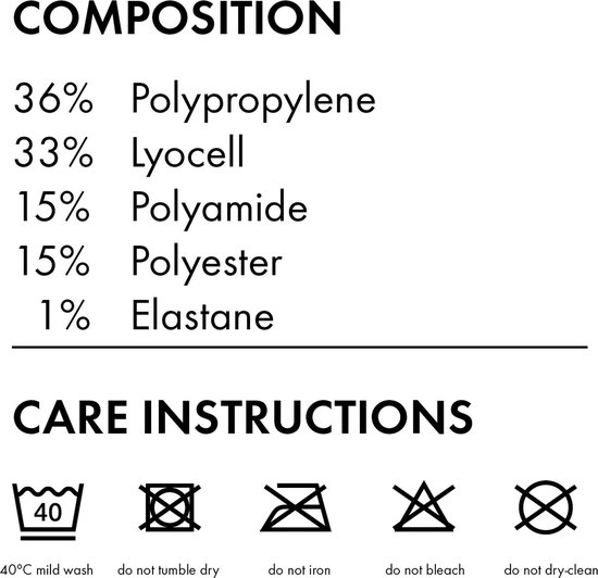 Samenstelling: 36% polypropyleen, 33% lyocell, 15% polyamide, 15% polyester, 1% elastane. Wasinstructies: mild wassen op 40 graden, niet in de droger, niet strijken, niet bleken, niet chemisch reinigen.