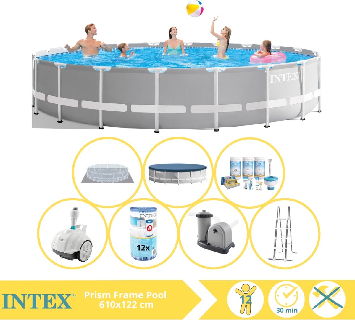 Intex Prism Frame Zwembad - Opzetzwembad - 610x122 cm - Inclusief Onderhoudspakket, Filter en Zwembad Stofzuiger