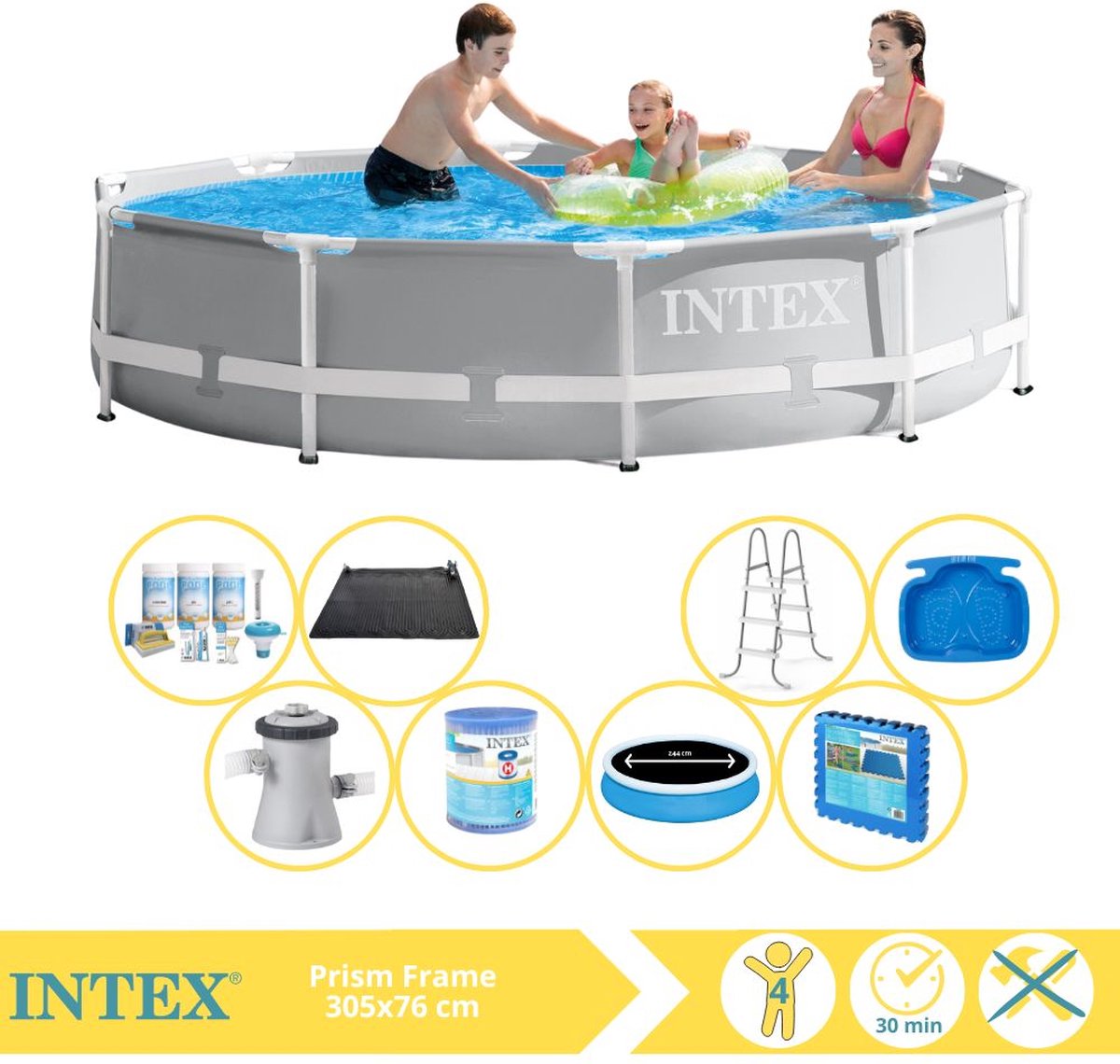 Intex Prism Frame Zwembad – Opzetzwembad – 305×76 cm – Inclusief Solarzeil Pro, Onderhoudspakket, Filter, Solar Mat, Trap, Voetenbad en Zwembadtegels