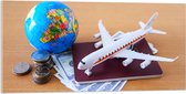 Acrylglas - Wereldbol met Miniatuur Vliegtuig, Paspoort en Buitenlandse Valuta - 100x50 cm Foto op Acrylglas (Met Ophangsysteem)