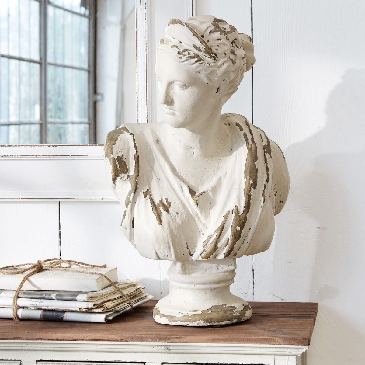Loberon Buste Alexandra Gris Vieilli - Statue Femme Antique Polyrésine, Style Shabby Chic Romantique, Décoration Élégante Intérieur