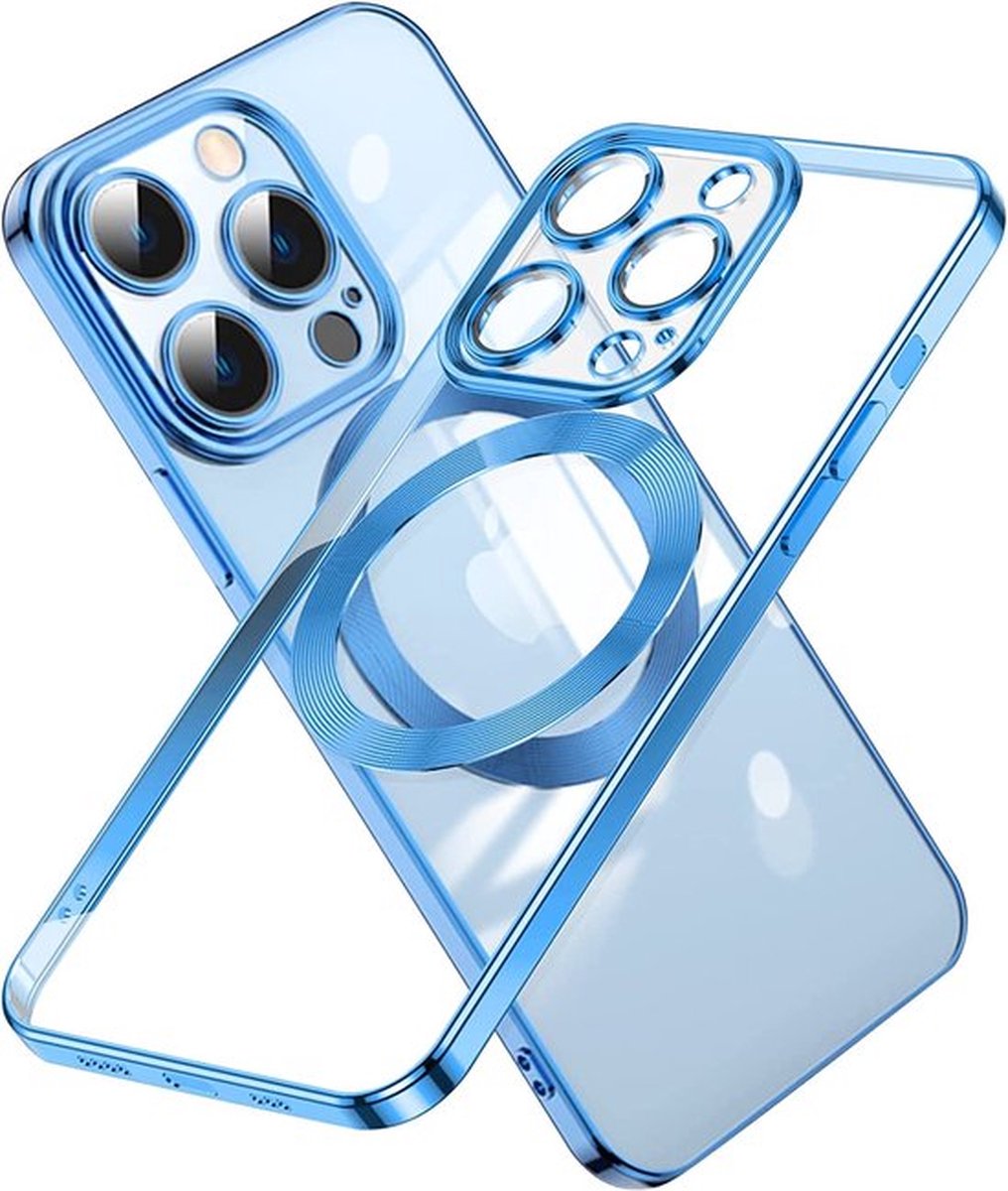 iPhone 14 Pro Max hoesje Magnetisch Met Lens beschermer – Transparant / Blauw - Magneet hoesje MagSafe Compatible Case cover iPhone 14 Pro Max.