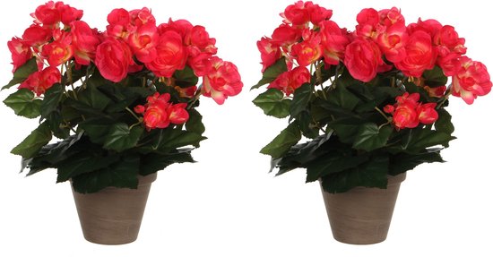 2x stuks donkerroze Begonia kunstplant met bloemen 30 cm in grijze pot - Kunstplanten/nepplanten - Voor binnen