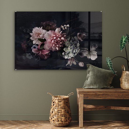 Peinture sur verre fleurs - Vintage - Pastel - Zwart - Bouquet - Peinture sur verre - Salon - 90x60 cm - Décoration fleurs - Décoration chambre - Décoration murale