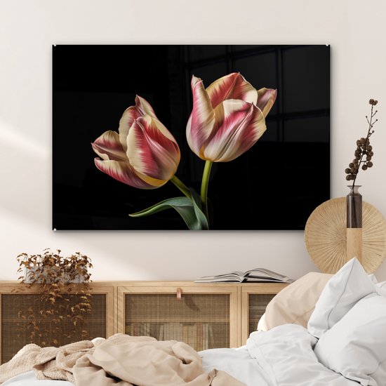 MuchoWow® Peinture sur verre - Tulipes - Fleurs - Rose - Wit - Nature - 120x80 cm - Peintures sur verre acrylique - Photo sur Glas