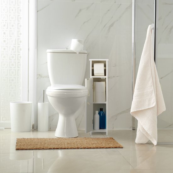 EUGAD 0229WY Badkamerkast, toiletkast, smalle badkamerplank, voor kleine ruimtes, verstelbare planken, kleine kast voor toiletpapier, wit
