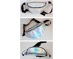 KIMU Grote Iridescent Heuptas Zilver Holografisch - Heuptasje Fanny Pack Pvc Zilveren Tas Regenboog Tasje Glitter Metallic Glanzend Cyber Festival