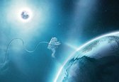 Fotobehang - Vlies Behang - Astronaut in de Ruimte bij de Maan - Galaxy - Space -Universum - Heelal - Planeet - 254 x 184 cm
