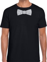 Zwart fun t-shirt met vlinderdas in glitter zilver heren - shirt met strikje XL