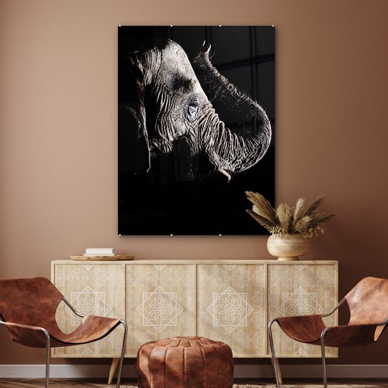 MuchoWow® Peinture sur verre 90x120 cm - Peinture sur verre acrylique - Éléphant - Zwart - Animaux - Nature - Photo sur verre - Peintures