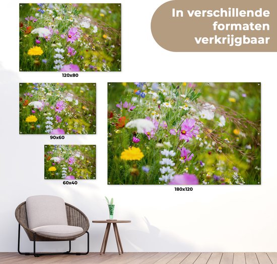 Affiche de jardin Fleurs - Nature - Vert - Herbe - Violet - Wit - 70x40 cm - Décoration murale Extérieur - Affiche de jardin - Toile de jardin - Affiche de clôture - Peinture de jardin