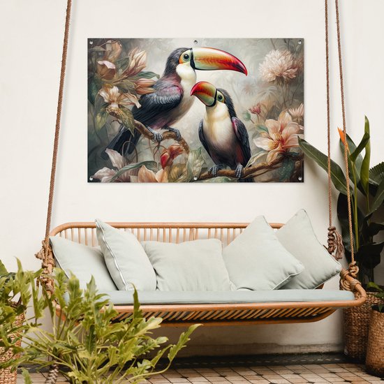 Affiche jardin - Toile jardin - Posters de jardin extérieur - Toucan - Vogels - Fleurs - Jungle - 120x80 cm - Jardin