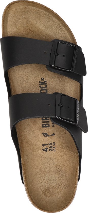 Bovenaanzicht van zwarte Birkenstock Arizona slipper met maat.