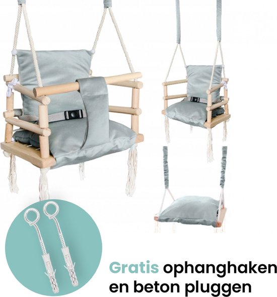 Luxe houten 3 in 1 licht grijze meegroei baby schommel en Kinder schommel – Baby swing – Schommel die meegroeit met je kindje - Schommelstoel - Schommels - handgemaakt