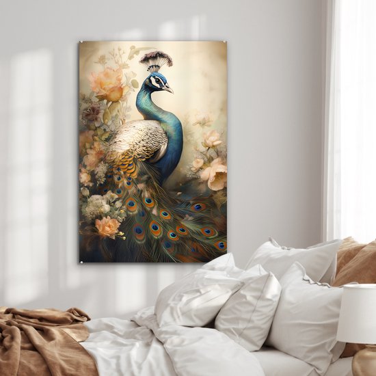 MuchoWow® Peinture sur verre - Paon - Plumes de paon - Fleurs - Vogels - Botanique - 80x120 cm - Peintures sur verre acrylique - Photo sur Glas