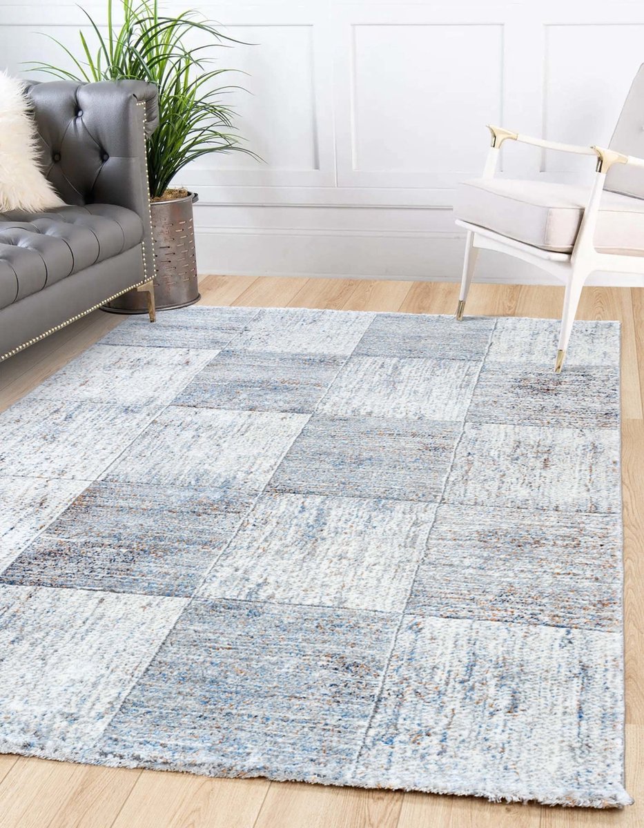 flycarpets Grace Vloerkleed Geblokt - Grijs / Blauw - Laagpolig - 120x170 cm