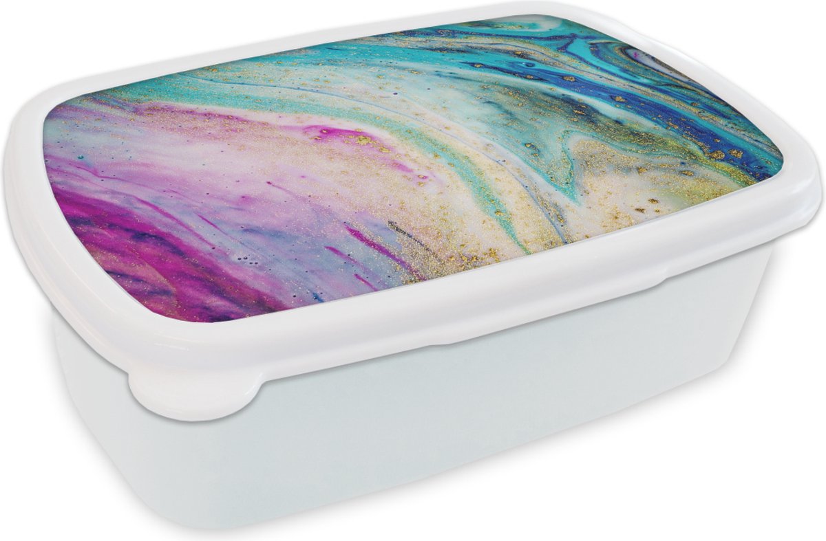 Broodtrommel Wit - Lunchbox - Brooddoos - Marmer - Verf - Regenboog - 18x12x6 cm - Volwassenen