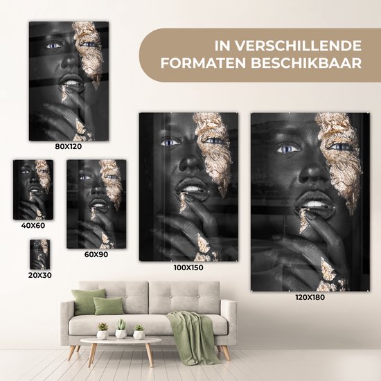 Tableau verre femme - Goud - Zwart - Portrait - Luxe - Peinture verre - Photo sur verre - 80x120 cm - Décoration murale verre - Salon - Décoration chambre - Décoration murale - Plaque de verre