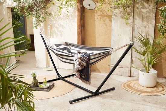 909 OUTDOOR hangmat met frame - Outdoor hangmat in zwart en wit - hangmat met metalen standaard voor tuin - balkon en terras - max. 100 kg - 290 x 100 x 100 cm