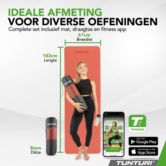 Tunturi Yoga Mat 8mm - Pilates mat - Extra dikke fitness mat - 183x61x0,8 cm - Incl Draagtas - Ecologisch materiaal - Eenvoudig te reinigen - Rosé Goud van Tunturi — afbeelding 2