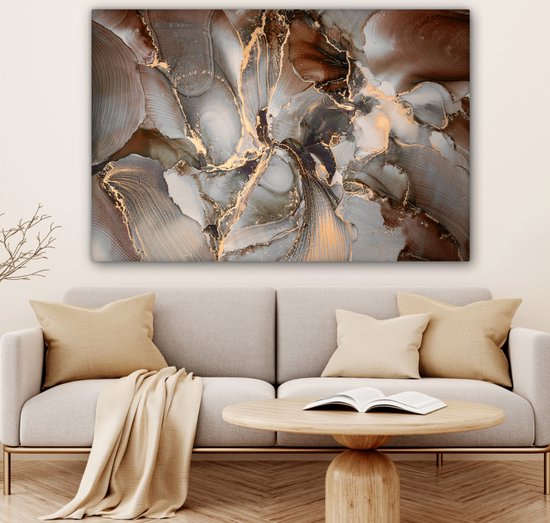 Toile Peinture Grijs - Goud - Marbre - 140x90 cm - Décoration murale