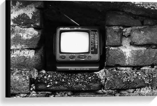 Canvas - Ouderwetse Televisie in de Muur (Zwart-wit) - 60x40 cm Foto op Canvas Schilderij (Wanddecoratie op Canvas)